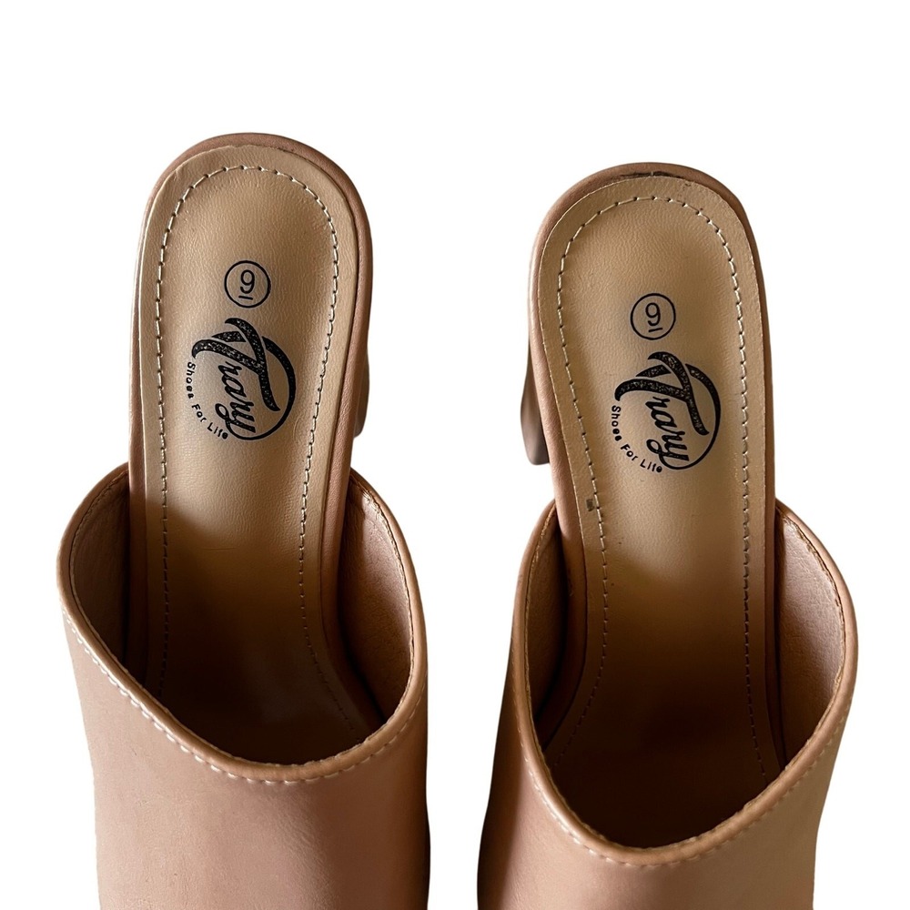 Trary Women Nude Peep Toe Block Heel Mules Tan Slip On Sandals Size 9 - Picture 4 of 6